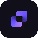 Purple overlapping squares logo on dark background