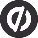 White stylized slash symbol on dark circular background