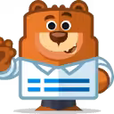 Cartoon bear mascot waving and holding a document