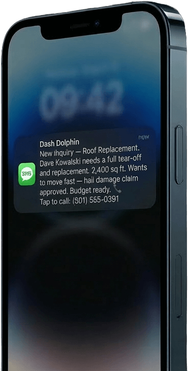 iPhone displaying Dash Dolphin roof replacement lead notification