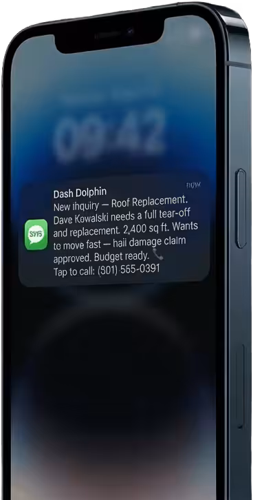 iPhone showing Dash Dolphin roof replacement inquiry notification