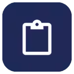White clipboard icon on dark navy blue background