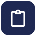 White clipboard icon on dark navy blue background